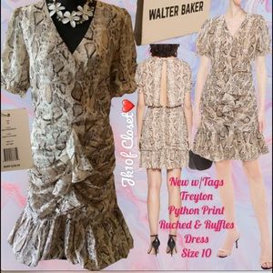 🌷NWT WALTER BAKER Sz10 SNAKE PYTHON RUCHED & RUFFLED HEM DRESS